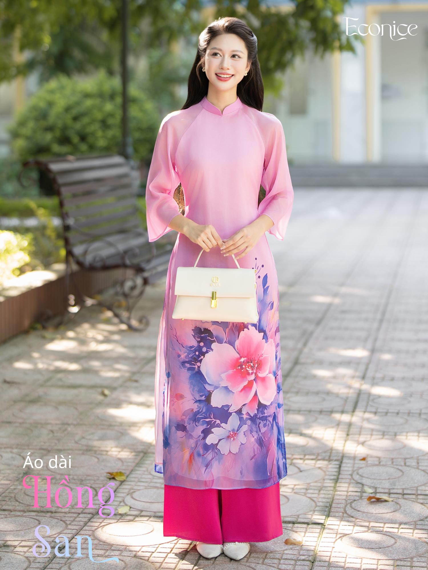 Set áo dài cách tân nữ Econice Hồng San
