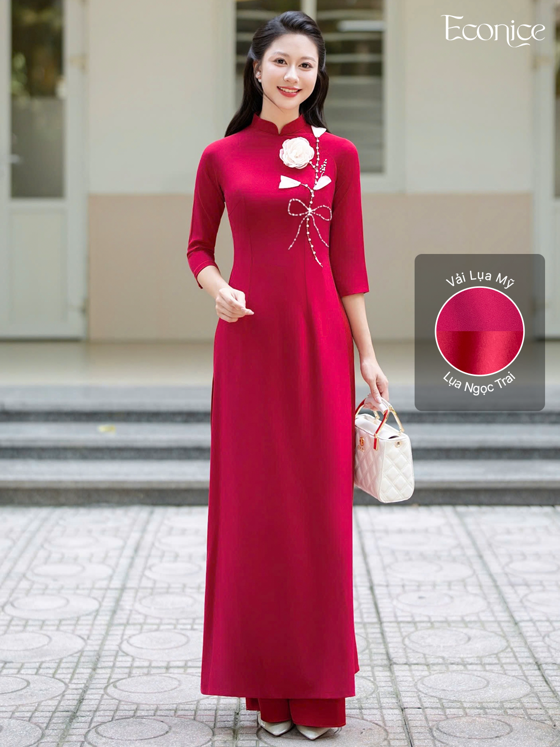 Set áo dài nữ truyền thống đính kết Dung Hoa