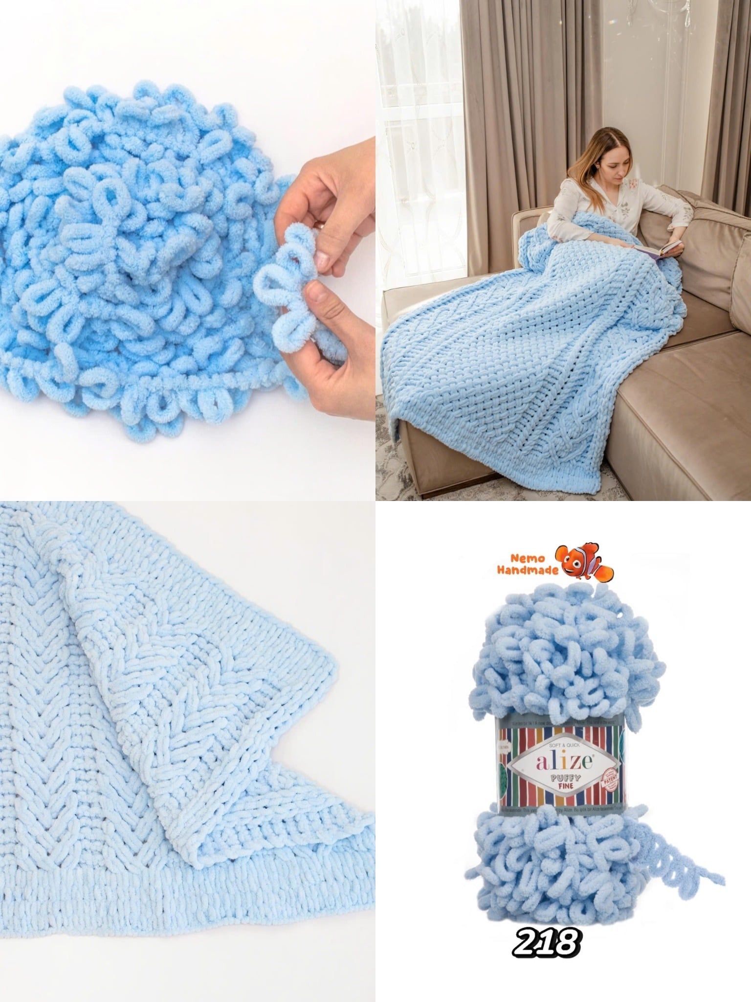  Len Alize Puffy Fine - Sợi len vòng không cần kim | Làm chăn, túi, gối tựa, khăn choàng cho bé,decor 