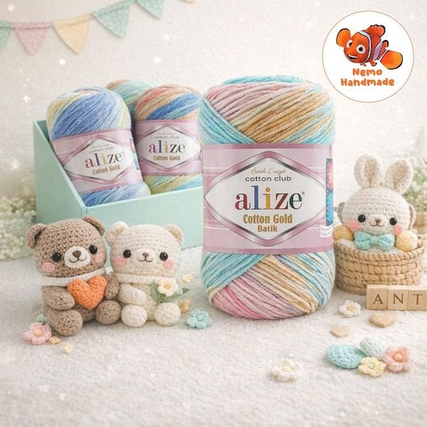  Len Cotton Gold Batik Thổ Nhĩ Kỳ - Mềm mại, an toàn, bền màu – Full bảng màu - Móc búp bê, đồ cho bé 