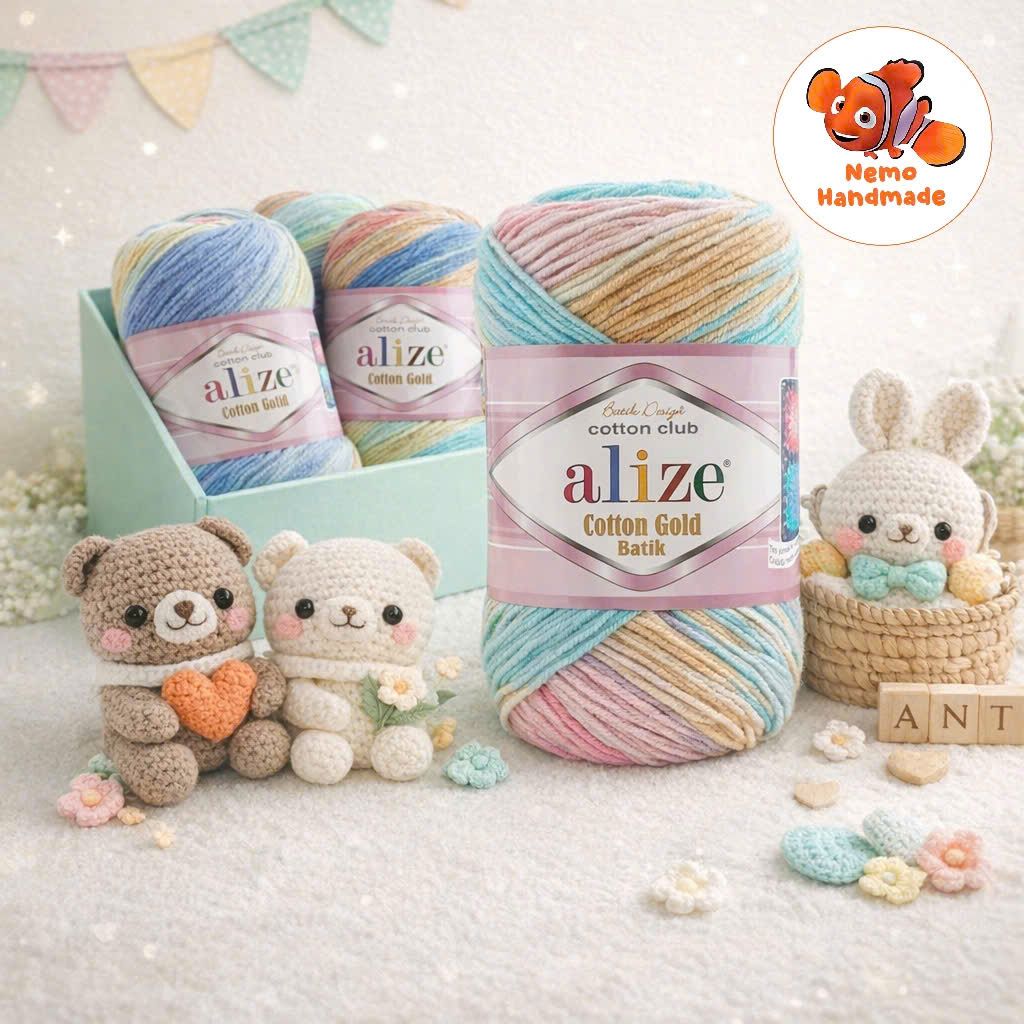  Len Cotton Gold Batik Thổ Nhĩ Kỳ - Mềm mại, an toàn, bền màu – Full bảng màu - Móc búp bê, đồ cho bé 