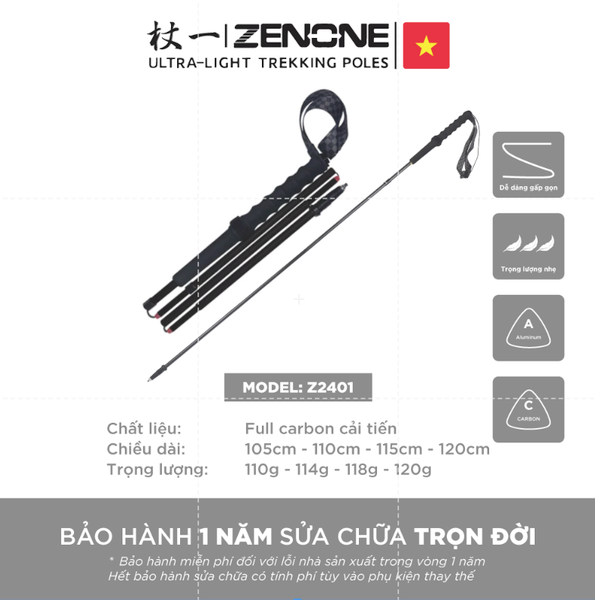  Gậy leo núi chạy trail siêu nhẹ Zenone MASTER 2.0 Z2401 full carbon 