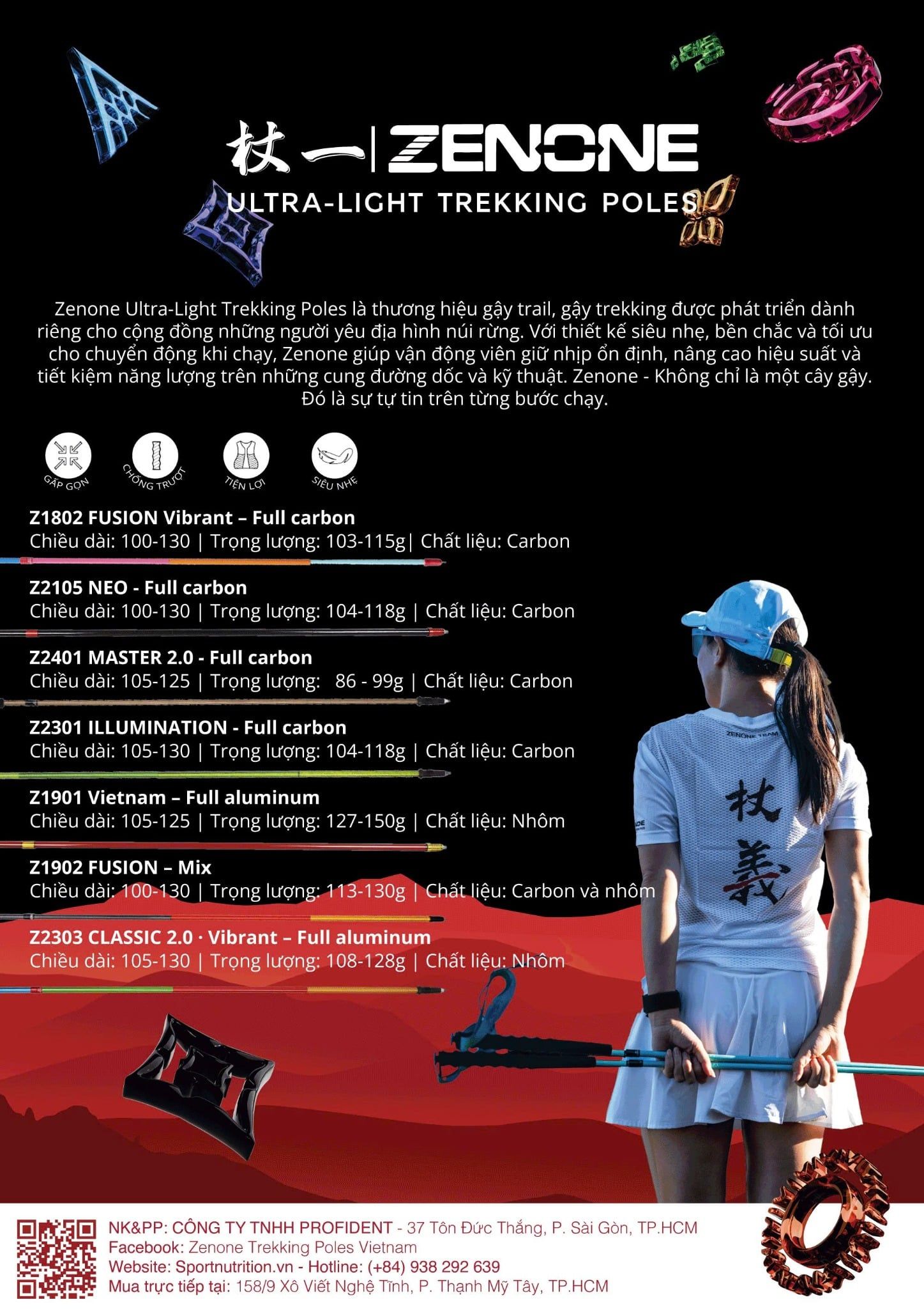  Gậy leo núi chạy trail siêu nhẹ Zenone MASTER 2.0 Z2401 full carbon 