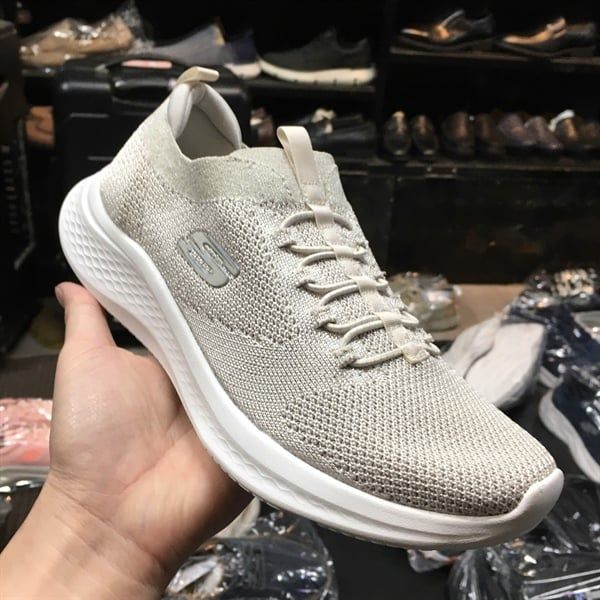 Giày thể thao nữ Skech cổ chun dây giả- Màu be