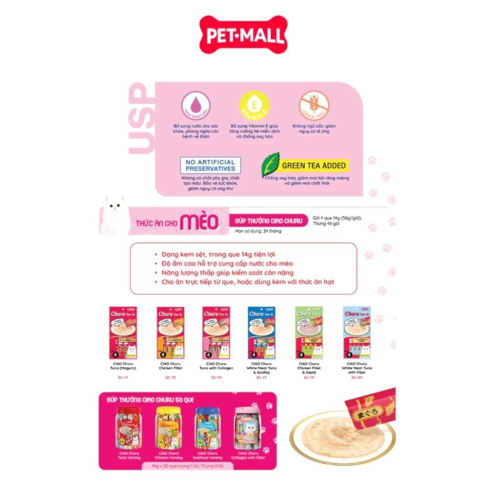 Treats Ciao Churu Chicken with Vitamin and Green Tea 700g - Hộp 50 gói mix Petmall