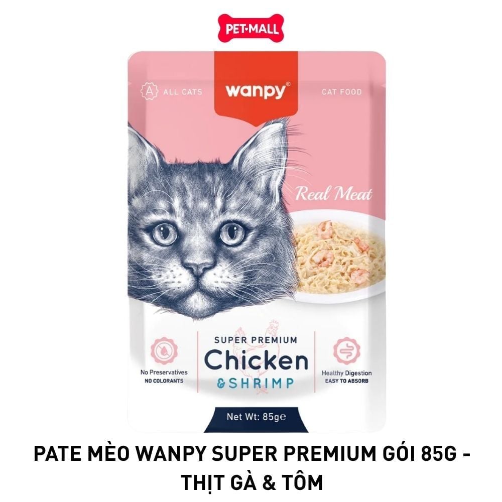 Pate mèo WANPY Super Premium Chicken & Shrimp 85g - Hộp 12 gói - Thịt Gà & Tôm Petmall