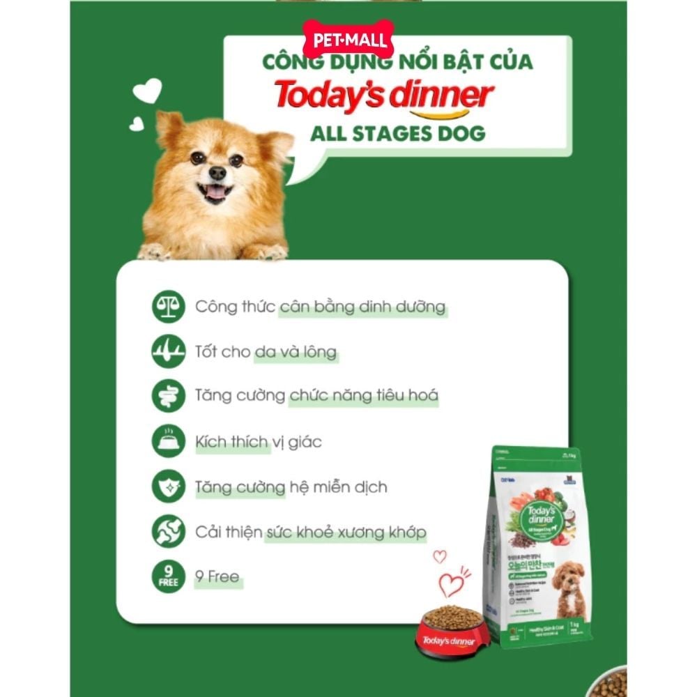 1KG - Thức ăn chó Today's Dinner Healthy Skin & Coat All Stages Dog - Hỗ trợ dưỡng lông cho chó mọi lứa tuổi Petmall