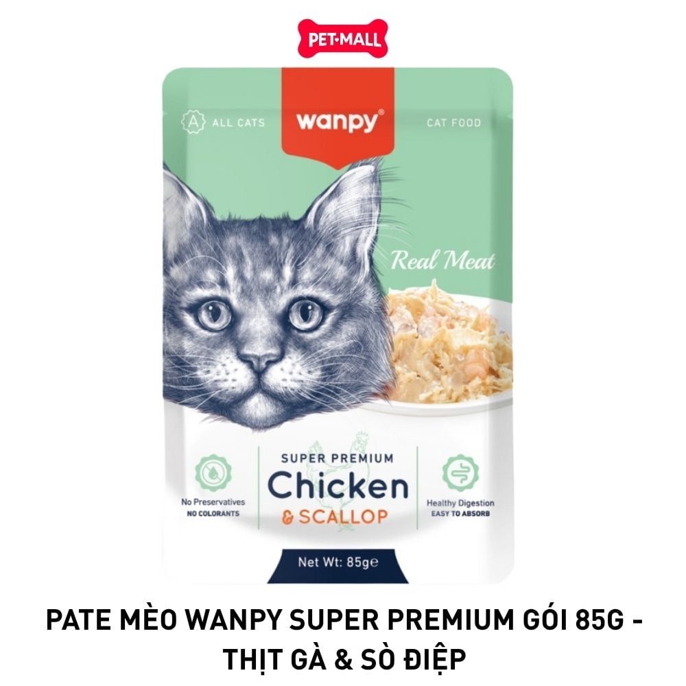 Hộp 12 Gói 85G - Pate mèo WANPY Super Premium Chicken & Scallop - Thịt Gà & Sò Điệp Petmall