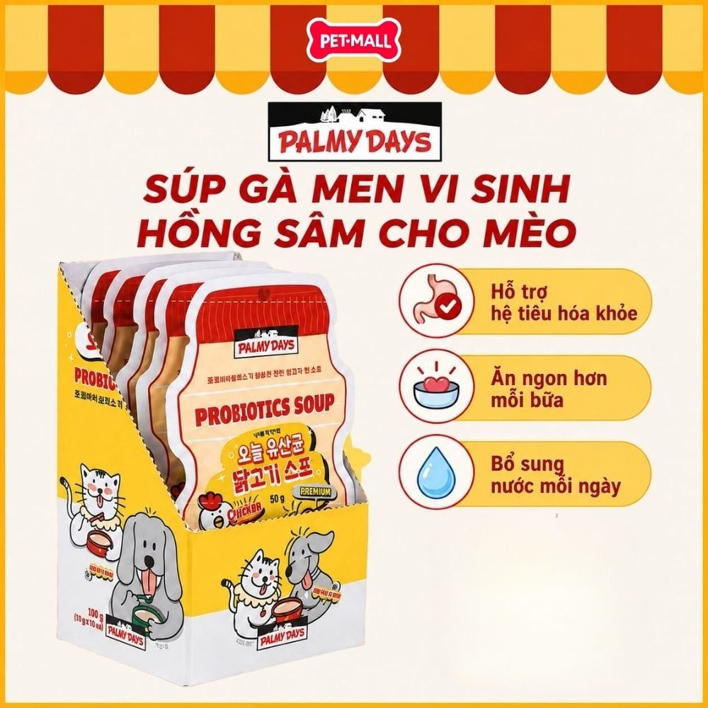 HỘP 8 GÓI 50G - Pate mèo PALMY DAYS dạng soup bổ sung men vi sinh Petmall
