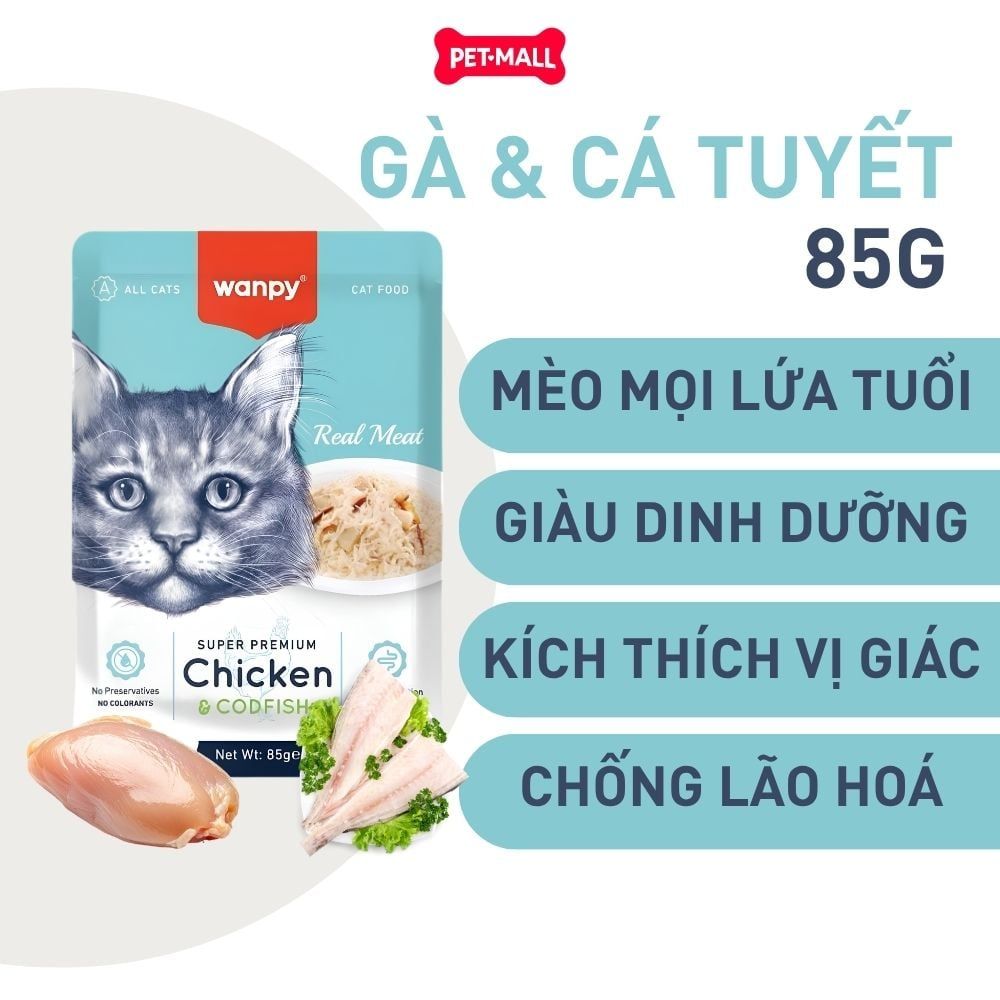 Pate mèo WANPY Super Premium Chicken & Codfish 85g - Hộp 12 gói - Thịt Gà & Cá Tuyết Petmall