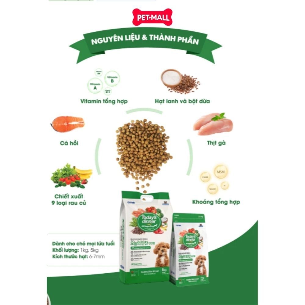 1KG - Thức ăn chó Today's Dinner Healthy Skin & Coat All Stages Dog - Hỗ trợ dưỡng lông cho chó mọi lứa tuổi Petmall