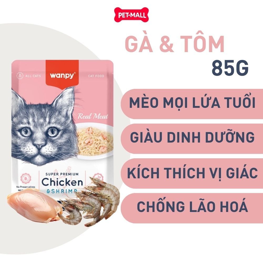Pate mèo WANPY Super Premium Chicken & Codfish 85g - Hộp 12 gói - Thịt Gà & Cá Tuyết Petmall