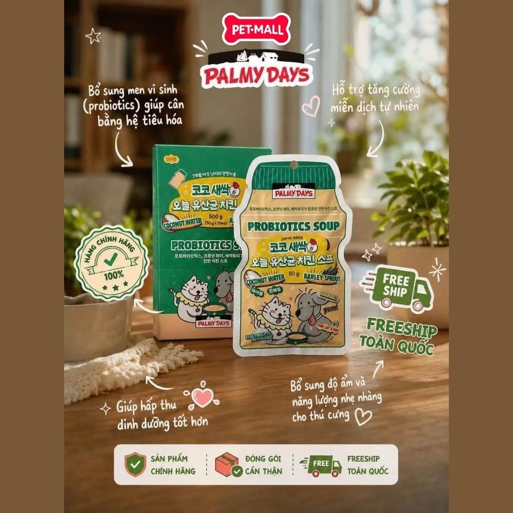 HỘP 8 GÓI 50G - Pate mèo PALMY DAYS dạng soup bổ sung men vi sinh Petmall