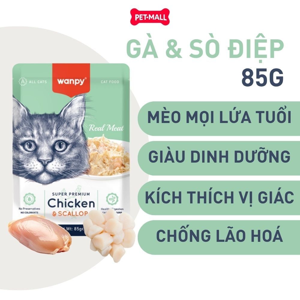 Pate mèo WANPY Super Premium Chicken & Codfish 85g - Hộp 12 gói - Thịt Gà & Cá Tuyết Petmall