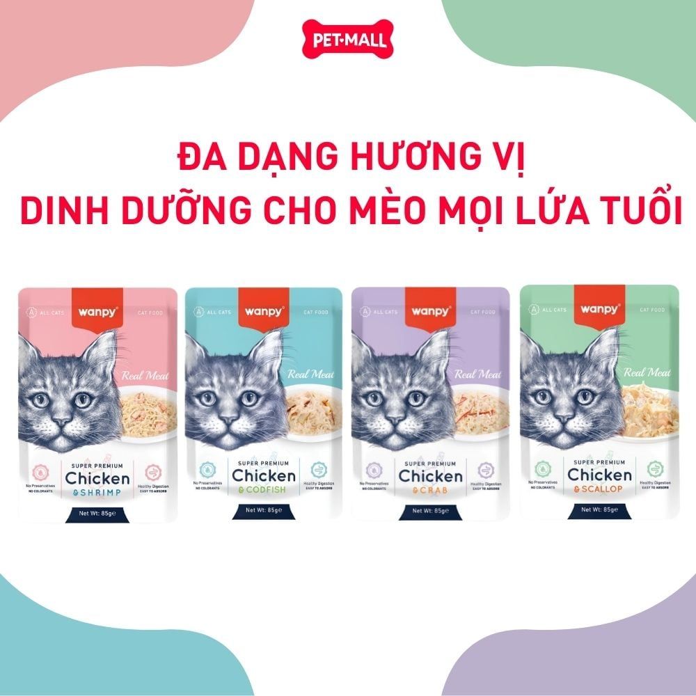 Pate mèo WANPY Super Premium Chicken & Codfish 85g - Hộp 12 gói - Thịt Gà & Cá Tuyết Petmall