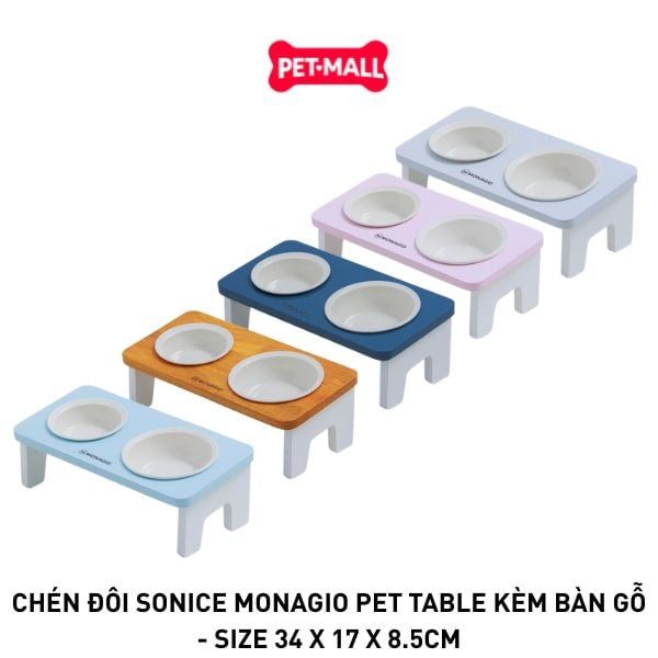 Chén đôi SONICE MONAGIO Pet Table kèm bàn gỗ - Size 34 x 17 x 8.5cm Petmall