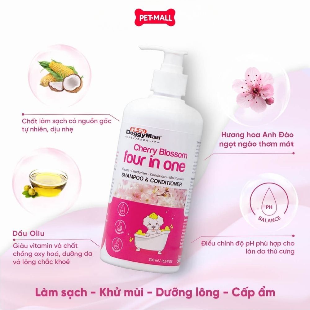 Sữa tắm Doggyman Cherry Blossom Four in One 500ml - Hương hoa Anh Đào, làm sạch, khử mùi, cấp ẩm cho chó Petmall
