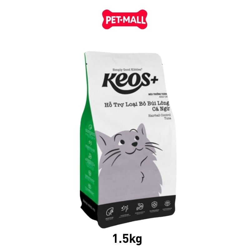 1.5KG - Thức ăn mèo KEOS+ Hairball Control Tuna Adult Cat - Vị Cá ngừ, hỗ trợ loại bỏ búi lông Petmall