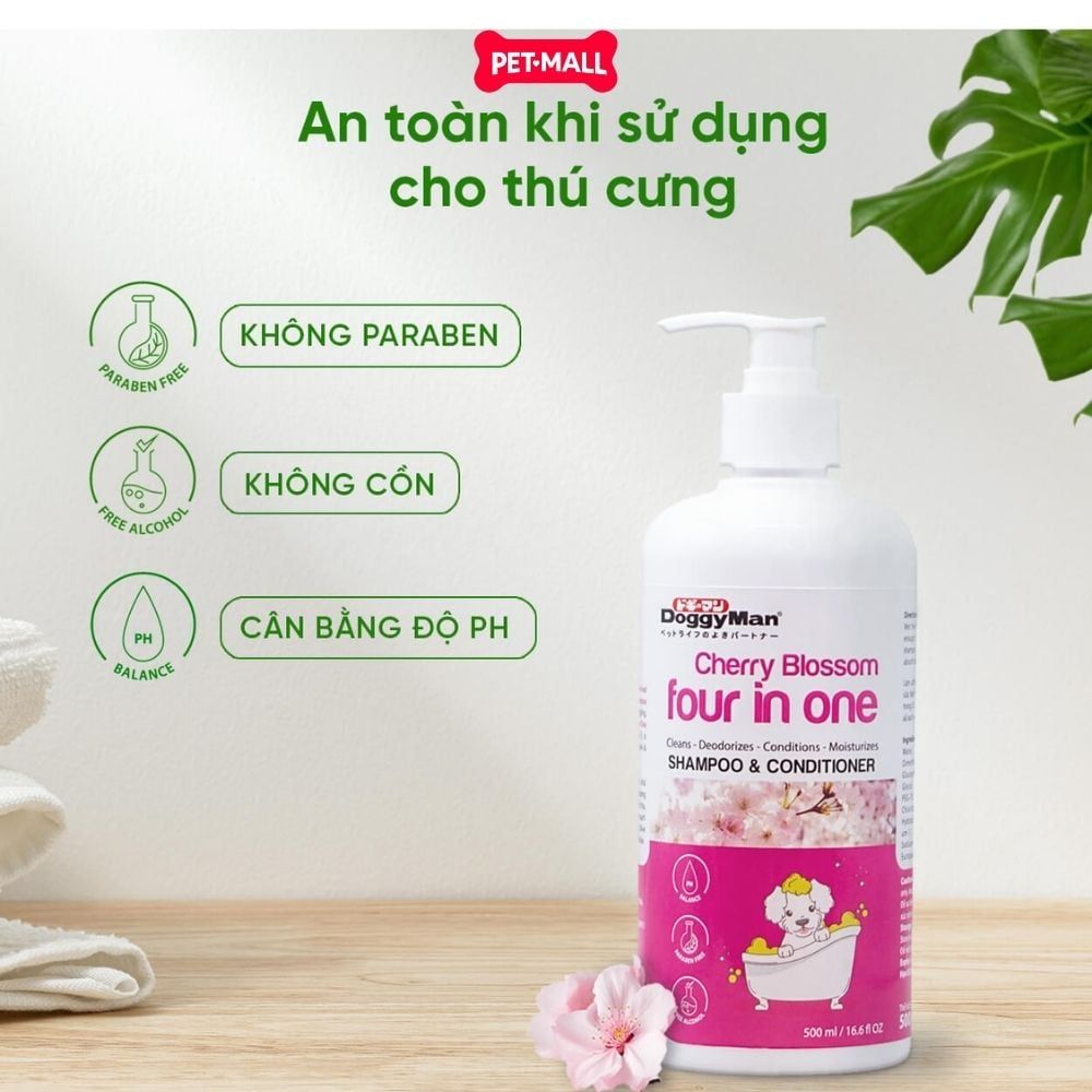 Sữa tắm Doggyman Cherry Blossom Four in One 500ml - Hương hoa Anh Đào, làm sạch, khử mùi, cấp ẩm cho chó Petmall