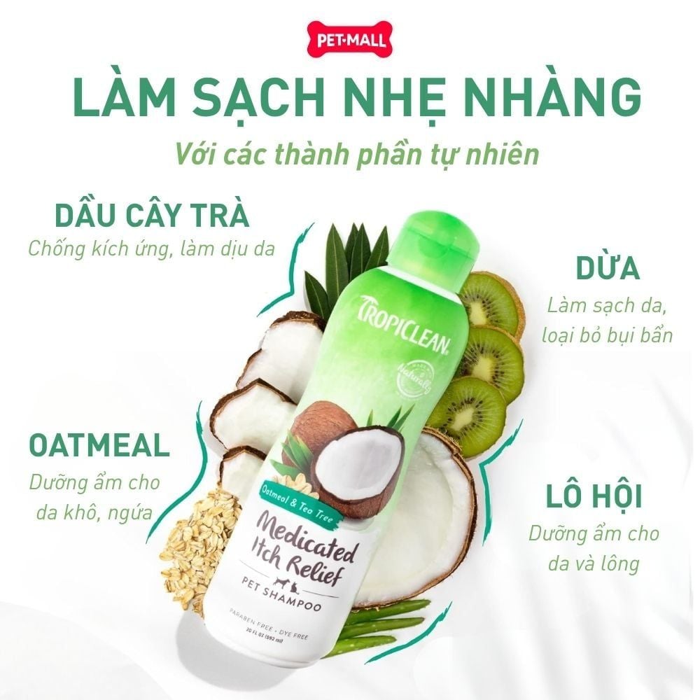 Dầu gội trị ngứa Tropiclean Oatmeal & Tea Tree Medicated Shampoo 335ml - Hương yến mạch và tràm trà Petmall
