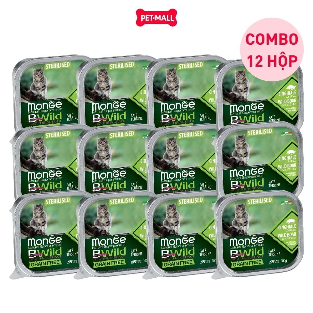 Combo 12 hộp 100g - Pate Monge Bwild Sterilised Cat - Vị heo rừng và rau Petmall