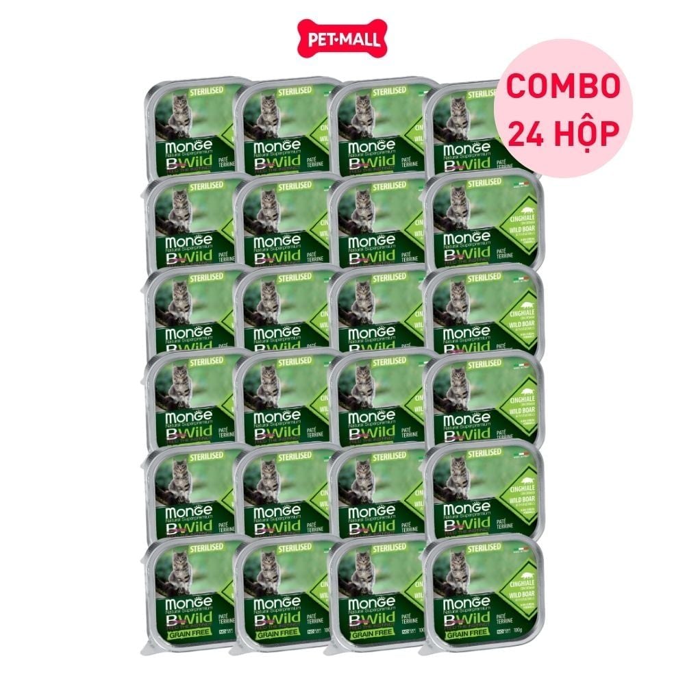 Combo 24 hộp 100g - Pate Monge Bwild Sterilised Cat - Vị heo rừng và rau Petmall