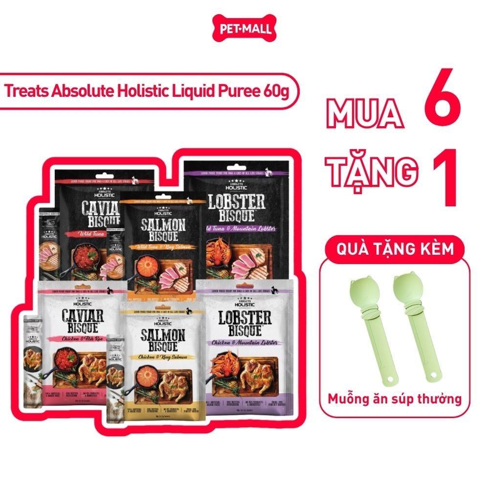 Combo Treats Absolute Holistic Liquid Puree Treat for Dogs & Cats 60g - 6 gói - Mix vị - Dạng kem, dành cho chó mèo Petmall