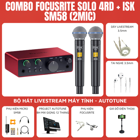 Bộ thu âm Focusrite Scarlett Solo (Gen 4) - Micro thu âm ISK SM58 2 mic