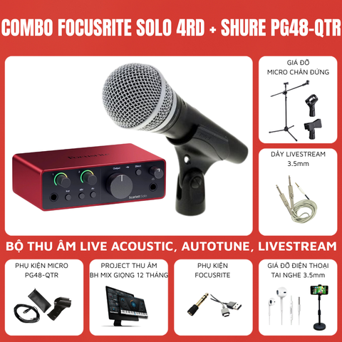 Bộ thu âm Focusrite Scarlett Solo (Gen 4) - Micro thu âm Shure PG48 QTR