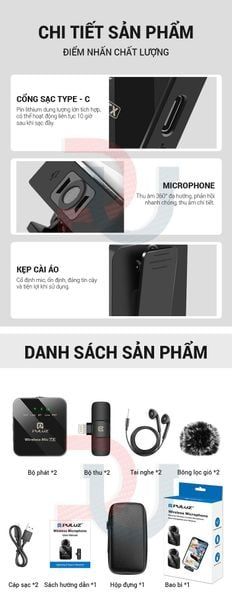 Micro cài áo PULUZ (1 RX + 2 TX) Micro cài áo không dây đa năng