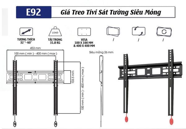Giá Treo Tivi Ergotek E92 - Treo Sát Tường, Siêu Mỏng (32 Inch - 60 Inch)