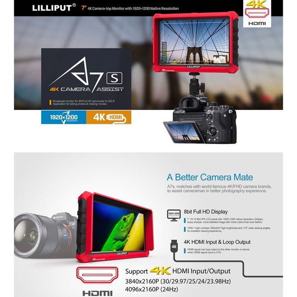 Màn Hình Hỗ Trợ Lilliput A7S 7 4K HDMI Camera máy ảnh