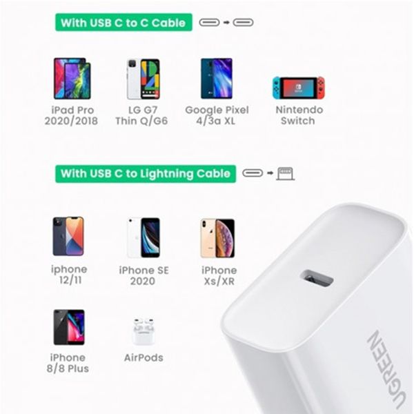 Sạc USB-C 1 cổng PD 20W màu trắng Ugreen 60449