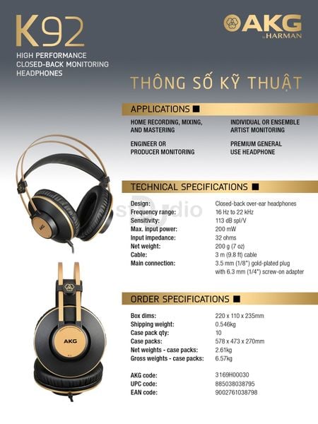 Tai nghe kiểm âm AKG K92, Headphone Studio