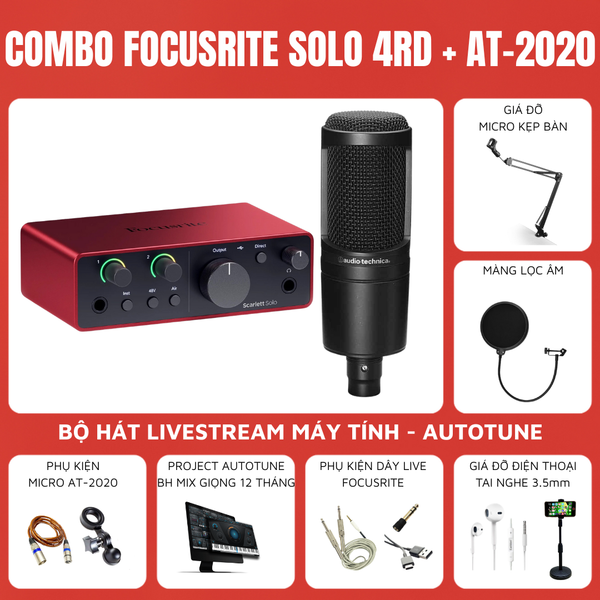 Bộ thu âm: Sound card Focusrite Scarlett Solo (Gen 4) - Micro thu âm Technica AT2020
