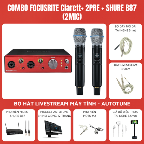 Combo Thu Âm Focusrite Clarett+ 2Pre Micro cầm tay Shure B87 ( 2 mic )