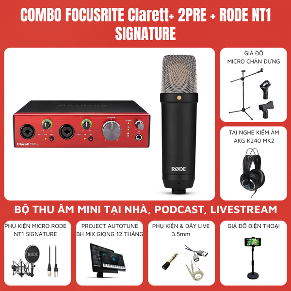Combo Thu Âm Focusrite Clarett+ 2Pre Micro Rode NT1 Signature