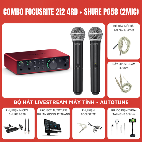 Combo Thu Âm Soundcard Focusrite 2i2 Gen 4 Micro Shure PG58 ( 2 mic )