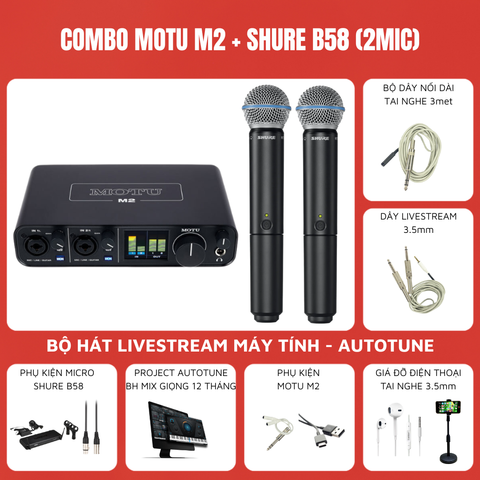 Combo Thu Âm Soundcard Motu M2 Micro cầm tay Shure B58 2 mic