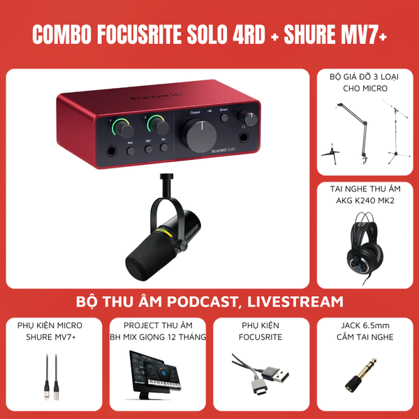Bộ thu âm Focusrite Scarlett Solo (Gen 4) - Micro thu âm Shure MV7+