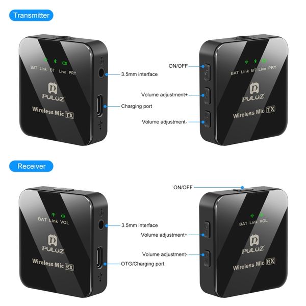 Micro cài áo PULUZ (1 RX + 2 TX) Micro cài áo không dây đa năng