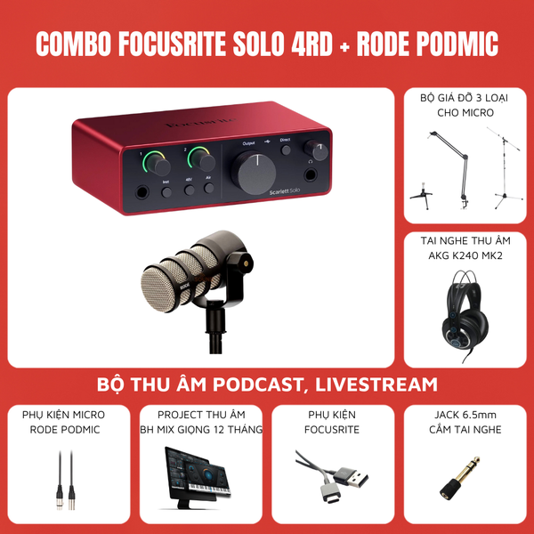 Bộ thu âm Focusrite Scarlett Solo (Gen 4) - Micro thu âm RODE Podmic
