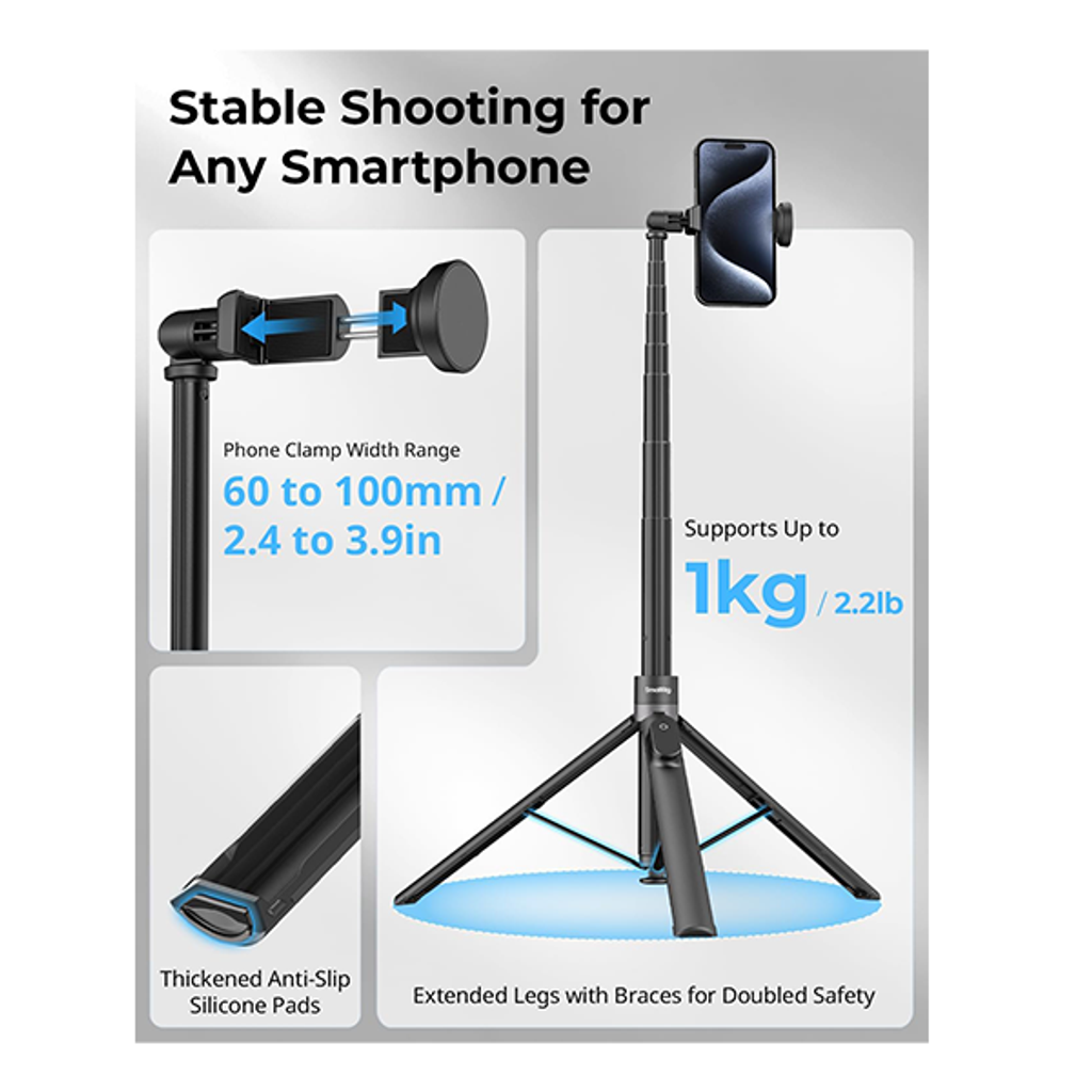 SMALLRIG ST30 One-Touch Deploy Selfie Stick Statief, 66 Telefoon Statief met Afstandsbediening, voor iPhone, voor Android, Video Opname, Reizen, Vloggen, Zwart - 4926