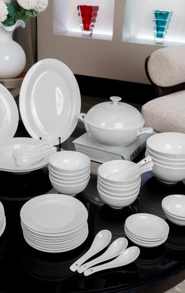  Bộ đồ ăn trắng vân vuông 50 sản phẩm 