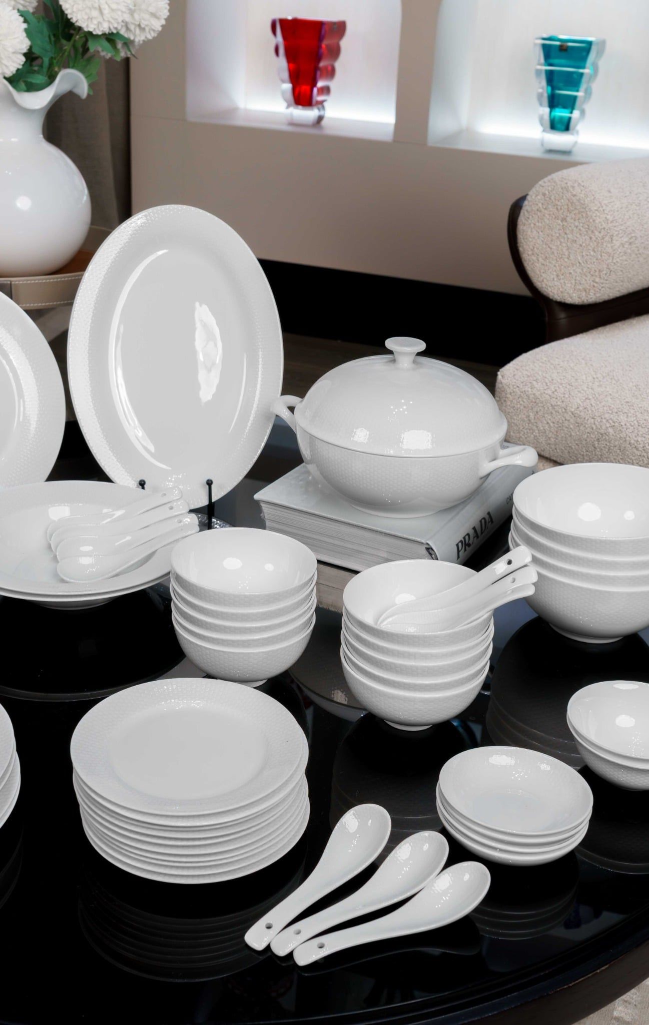  Bộ đồ ăn trắng vân vuông 50 sản phẩm 