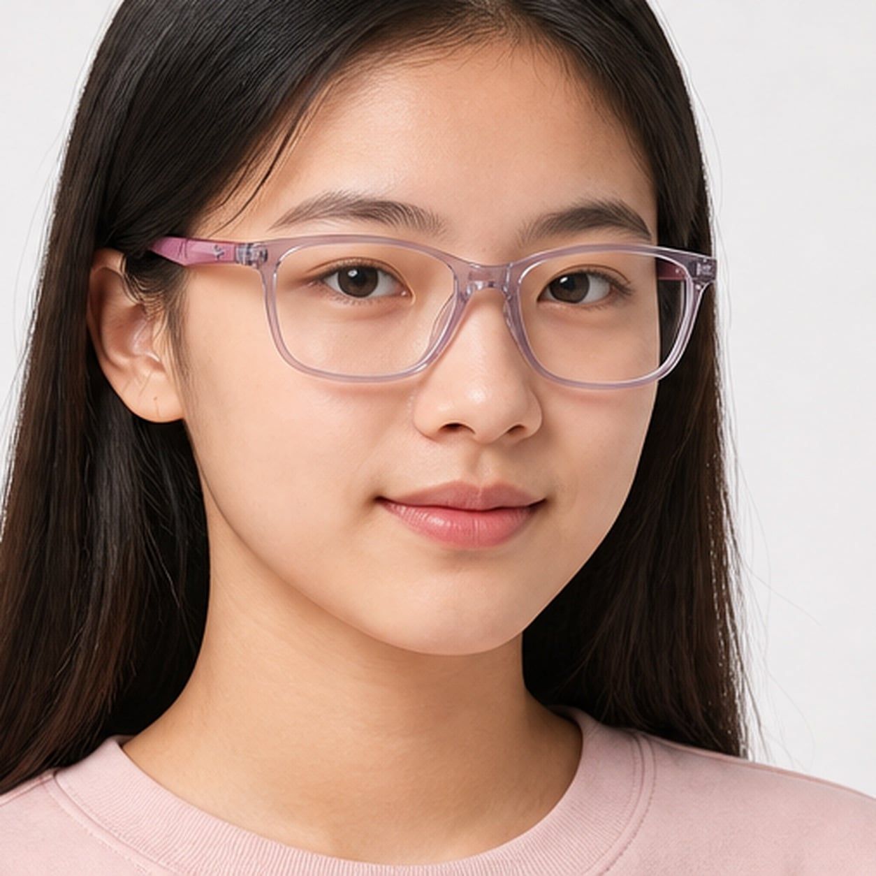 Gọng kính trẻ em Rayban Junior RY1626D 3912 - Hồng trong suốt – người mẫu đeo kính