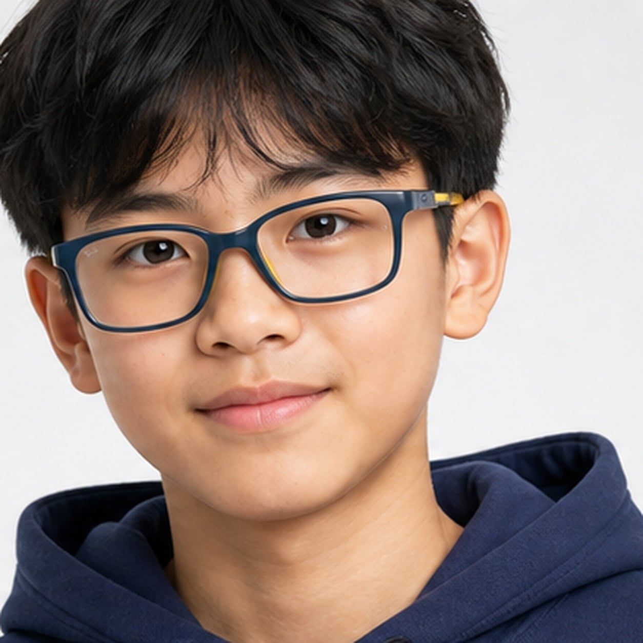 Gọng kính trẻ em Rayban Junior RYA1980 7530 - Xanh dương và vàng – người mẫu đeo kính