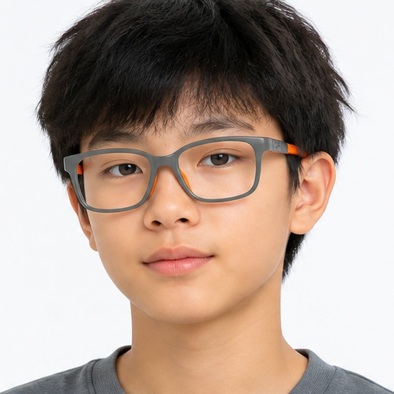 Gọng kính trẻ em Rayban Junior RYA1980 7533 - Xám và cam – người mẫu đeo kính
