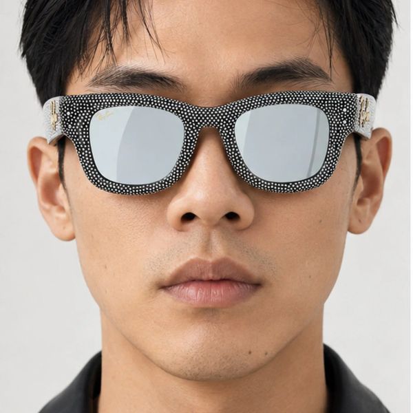Kính mát Rayban A$AP Rocky Wayfarer Puffer Crystal Pavé Edition RB4940BP 686530 - Đen bóng, tròng xanh lá tráng gương bạc
