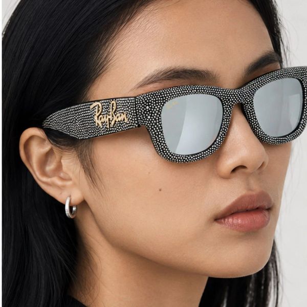 Kính mát Rayban A$AP Rocky Wayfarer Puffer Crystal Pavé Edition RB4940BP 686530 - Đen bóng, tròng xanh lá tráng gương bạc